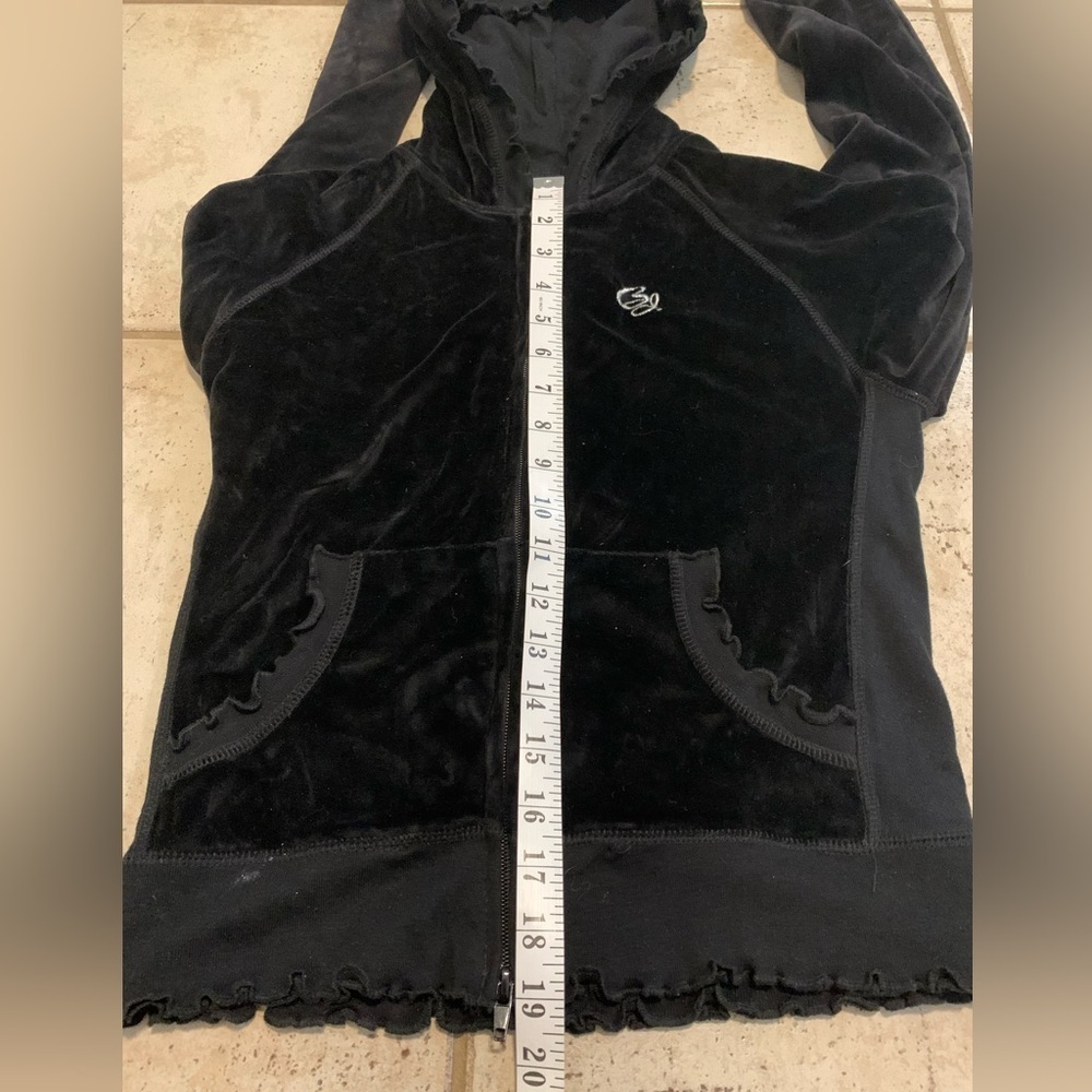 Y2K Black Velour Zip-Up Cropped Hoodie | Ruffle Trim S/P - Picture 6 of 7
